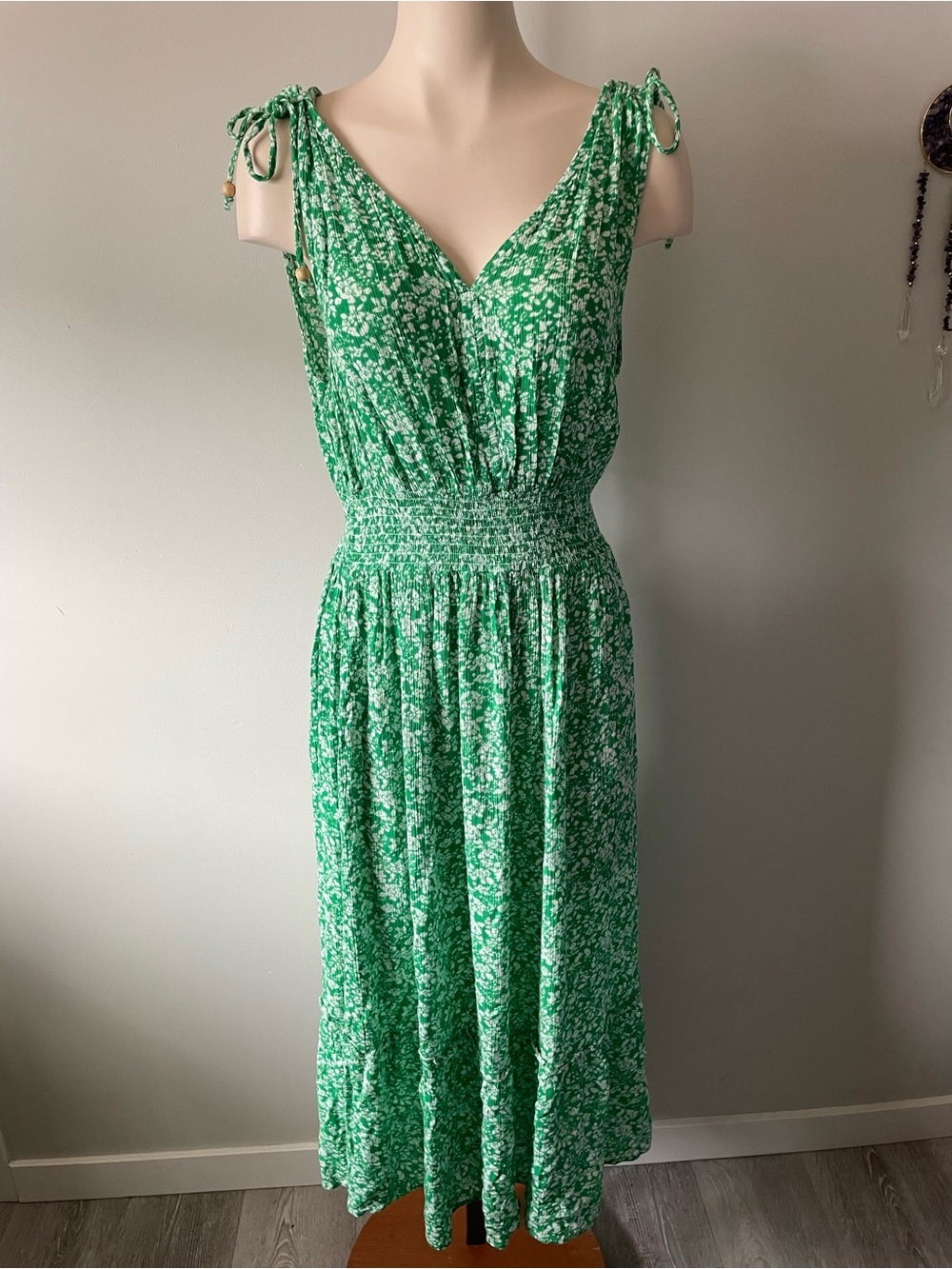 Green Floral Midi Dress with Smocked Waist